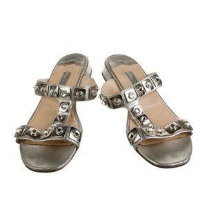 Prada Silver Metallic Leather Studded Slip On Sandals
